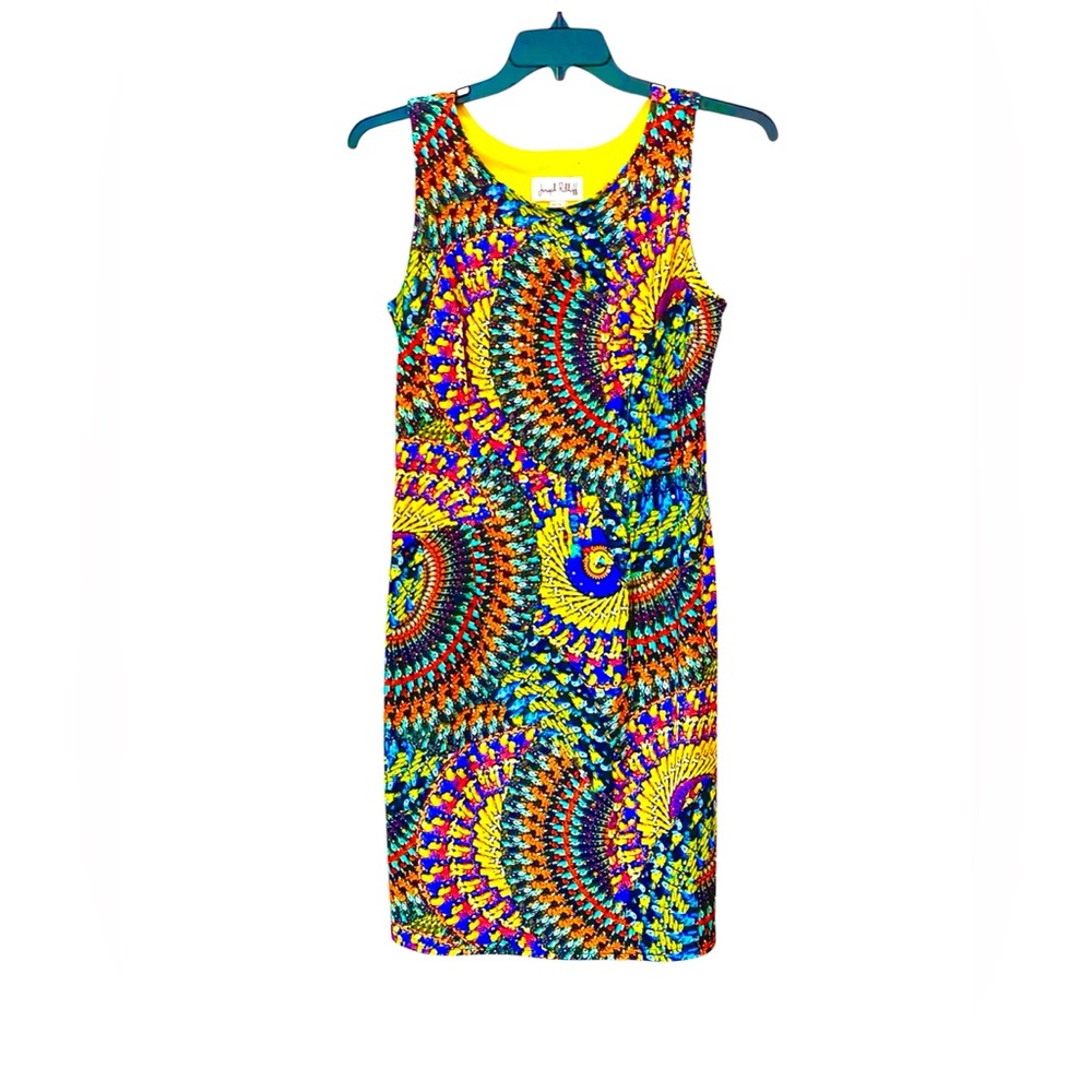 Vibrant print sheath dress w/gold dot detail Joseph Ribkoff
